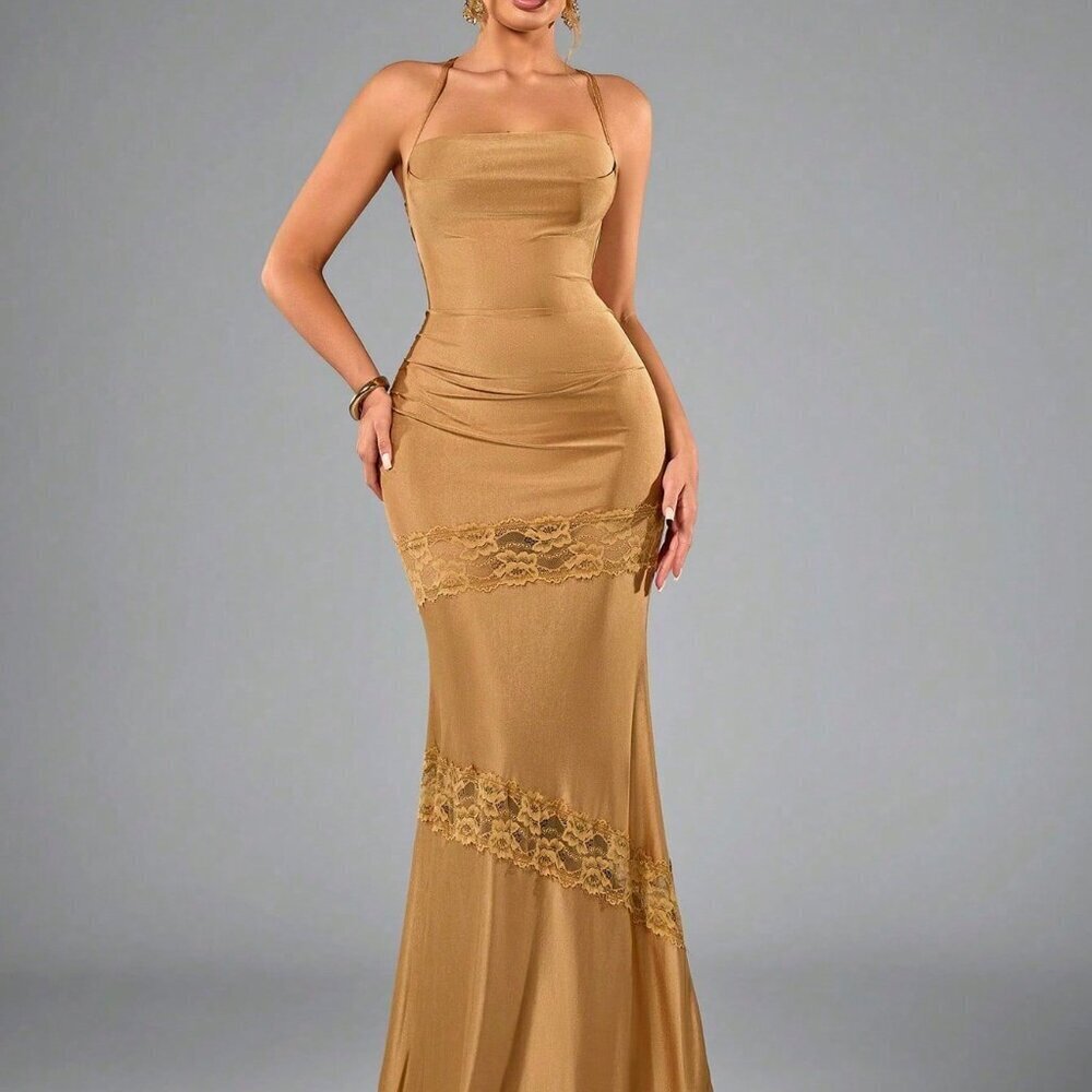 Khaki Elegant Women's Backless Dress - Picture 5 of 6